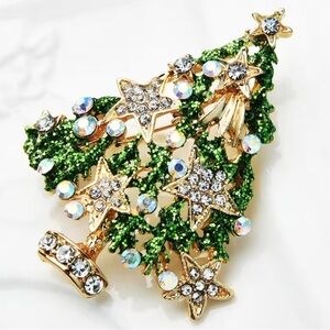 Christmas Tree Green Gold Brooch